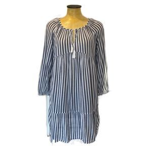 Peasant Two Tier Gathered Striped Dress Medium Blue White